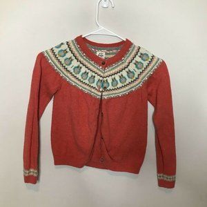 Mini Boden Owl Knit Fair Isle Cardigan Sweater Youth 7-8 Years Coral Pink Button
